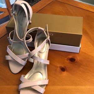 Dressy heels blush colored patent look.